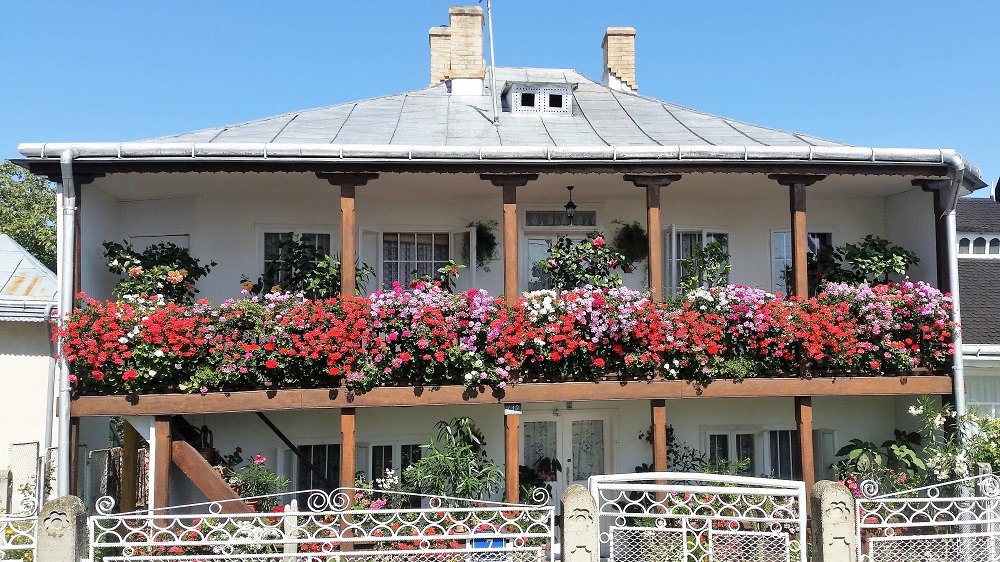 Balconul cu flori al unei case din satul mănăstiresc Văratec - Economedia