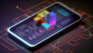 Phone with display Application of Smartphone with business graphs and analytics data on an isometric mobile phone. Analysis trends and software development coding process concept, Ai generated image